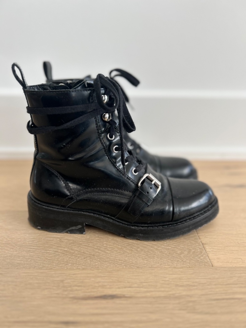 All Saints Donita Leather Combat Boots Black Lace-Up Buckle Size 37